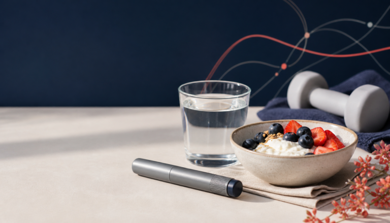 GLP-1 wellness concept with an unbranded injection pen, protein-rich yogurt, water, and a dumbbell