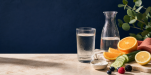 Glass of water with citrus, cucumber, berries, and salt representing hydration and electrolytes while taking GLP-1 medications