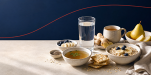 Gentle GLP-1 symptom-support foods with water, ginger tea, broth, crackers, oatmeal, banana, berries, pear, chia seeds, and oats