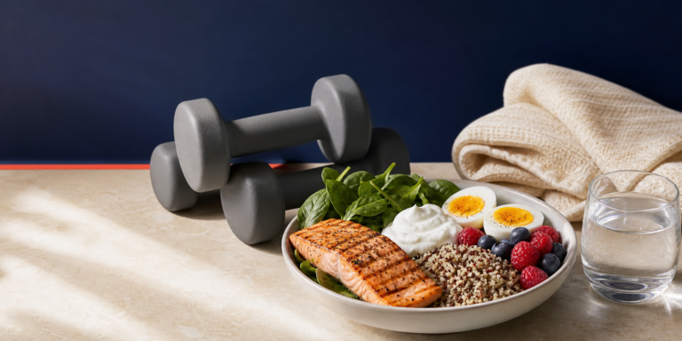 Protein-rich meal with salmon, eggs, Greek yogurt, quinoa, greens, berries, dumbbells, a workout towel, and water