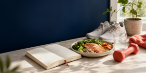 Walking shoes, a balanced meal, water, dumbbell, and blank planner representing a healthy transition after stopping GLP-1 medication